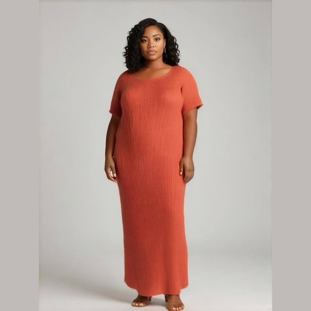 VINTAGE Handmade Orange & Shiny Stretchy Party Ribbed Knit Maxi Dress Size 1X
